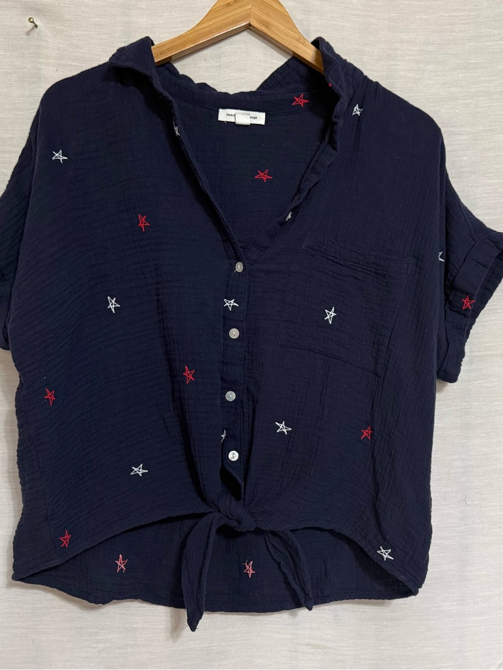 Beachlunchlounge Patriotic Star Gauze Tie Front Top L